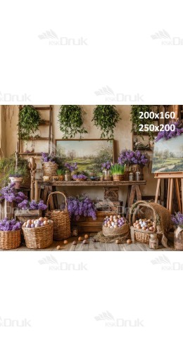 Tło fotograficzne „Wiosenna pracownia artysty z fioletowymi kwiatami” | E615